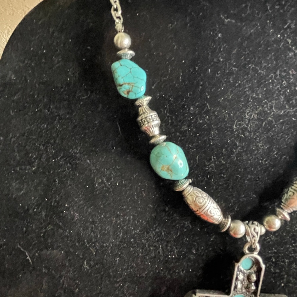 Dfl VIMCI Turquoise, Silver Tone, C.Z. Diamonds Cross Necklace, Earring Set - Picture 7 of 16